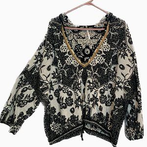 Free People Black White Floral Popover Hoodie Size L Cotton Oversized V-neck